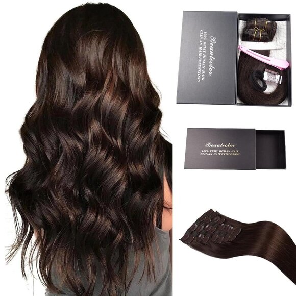 8PCS Dark Brown Clip In Hair Extensions Real Human Hair, 12A Naturally Soft Hair - Picture 1 of 6